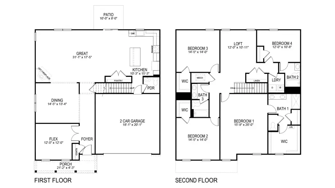 2D floor plan layout for the Richland by D.R. Horton in Hickory Pointe, Corryton, TN (Image 3).