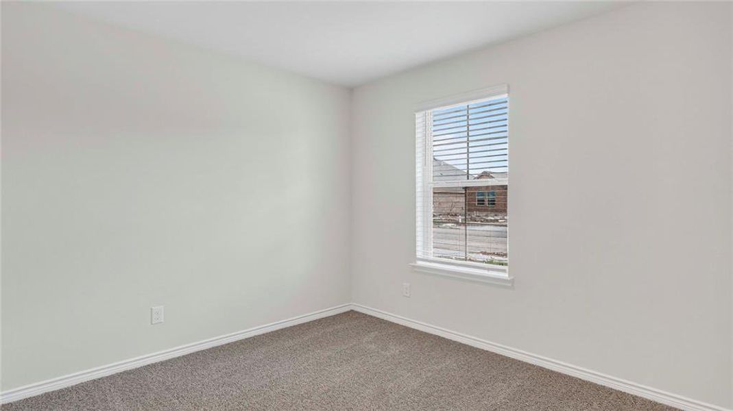 Carpeted room with white walls, baseboards, and window trim