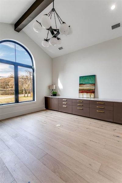 Beautiful vaulted and beamed ceiling graces the study. Beautiful vaulted and beamed ceiling graces the study.