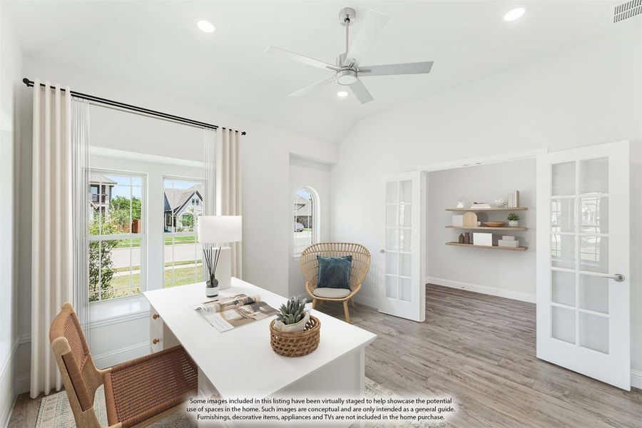 Home office with vaulted ceiling, white desk, hardwood floors, built-in shelves, and French doors Home office with vaulted ceiling, white desk, hardwood floors, built-in shelves, and French doors