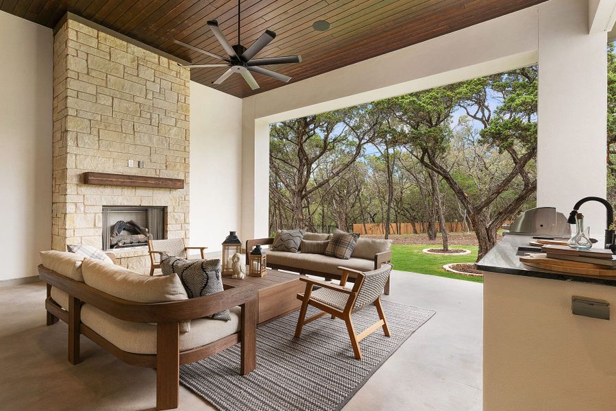 Exterior details and patio area of a home in Enchanted Bluff, Garden Ridge (Image 32).
