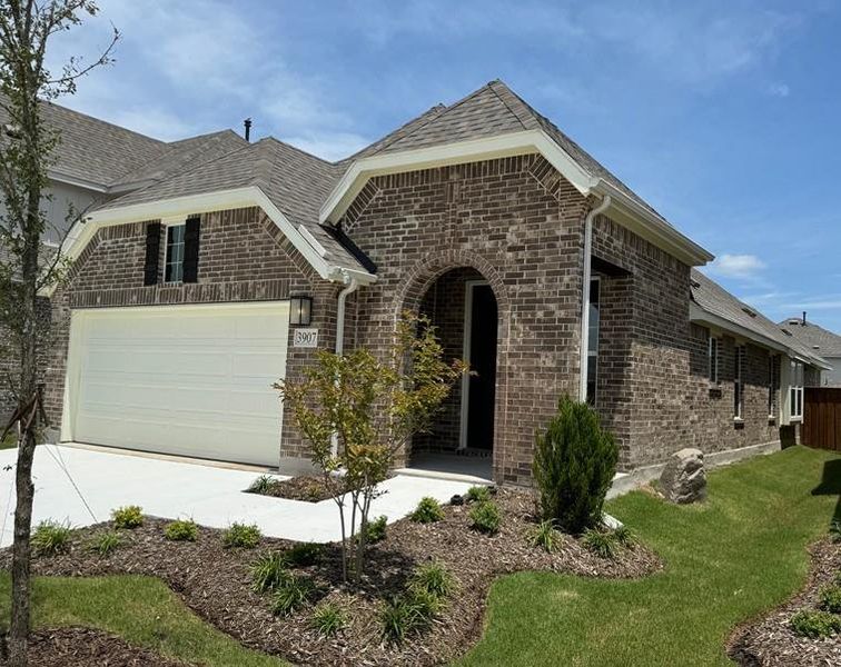 View of front facade featuring brick siding, driveway, a front lawn, and a shingled roof View of front facade featuring brick siding, driveway, a front lawn, and a shingled roof