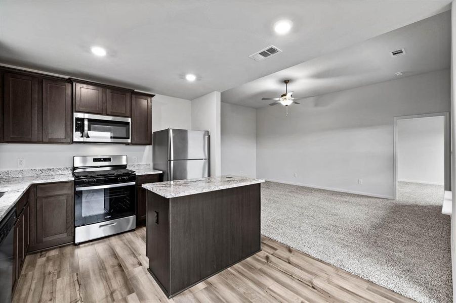 Kitchen featuring a kitchen island, ceiling fan, light stone countertops, appliances with stainless steel finishes, and light carpet