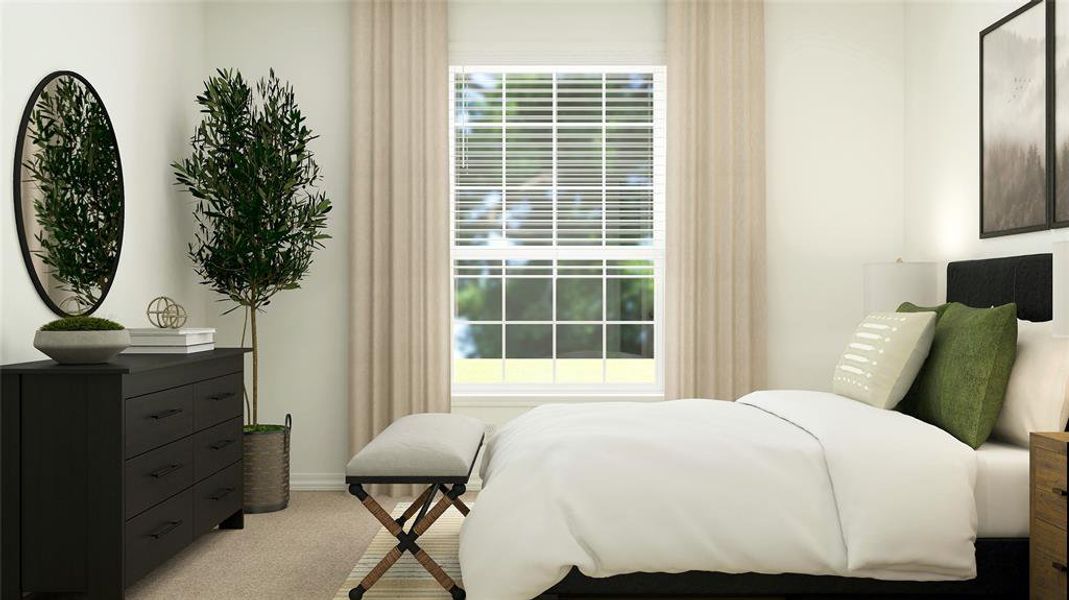 Bedroom with light colored carpet