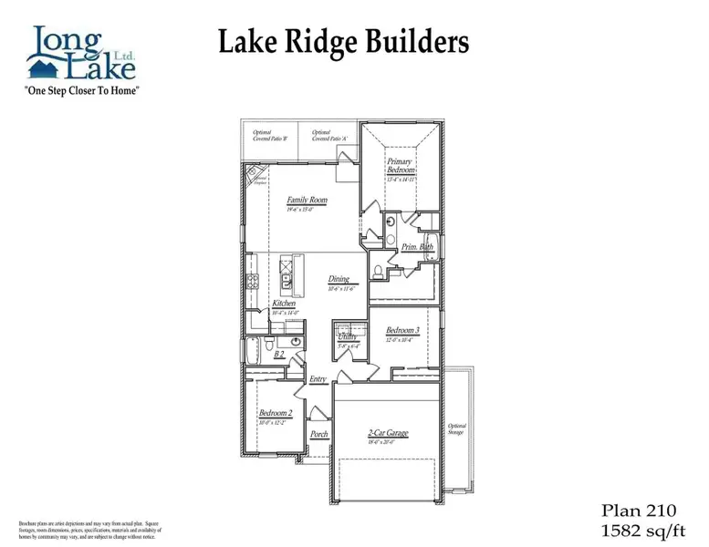 Plan 210, 1 story plan, features 3 bedrooms, 2 full baths, and over 1,500 square feet of living space.