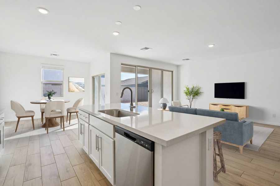 Dining, kitchen and great room. Virtually staged. Finishes may vary, see Sales Counselor for details