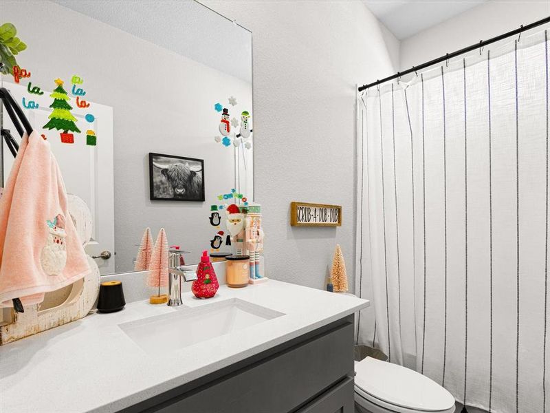 Bathroom featuring vanity, a shower with shower curtain, and toilet