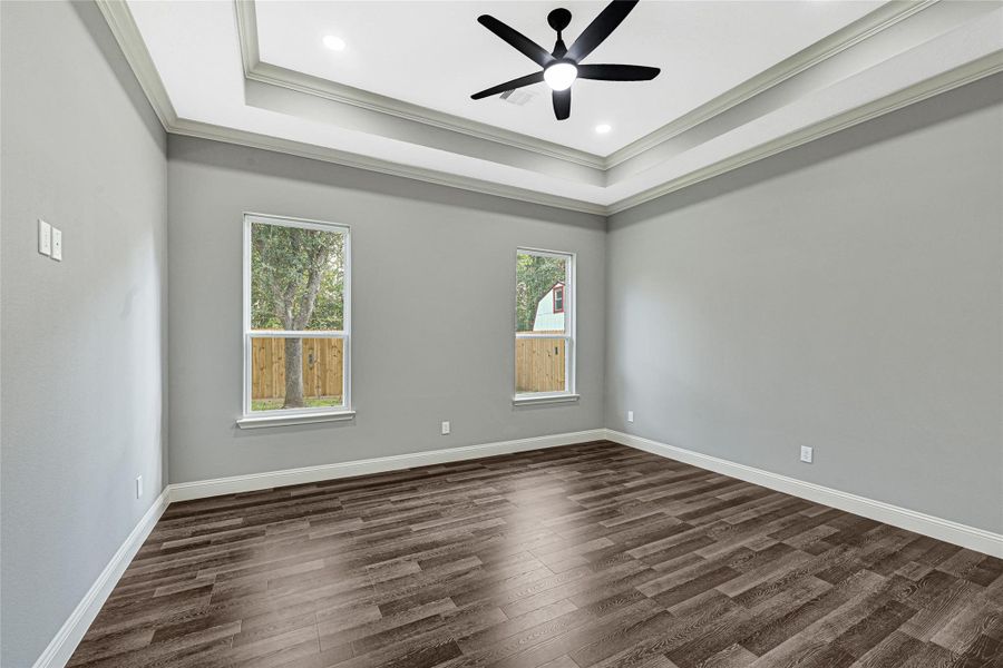 The primary suite is spacious. Tray ceilings continue in this room. A great place to take a step away from the stress of any day! The primary suite is spacious. Tray ceilings continue in this room. A great place to take a step away from the stress of any day!