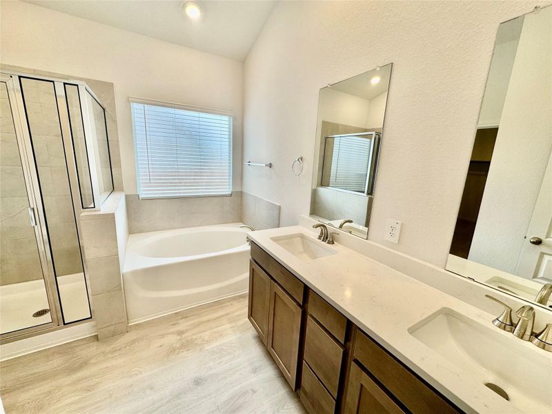 Bathroom featuring double vanity, light wood-type flooring, a bath, a stall shower, and vaulted ceiling Bathroom featuring double vanity, light wood-type flooring, a bath, a stall shower, and vaulted ceiling