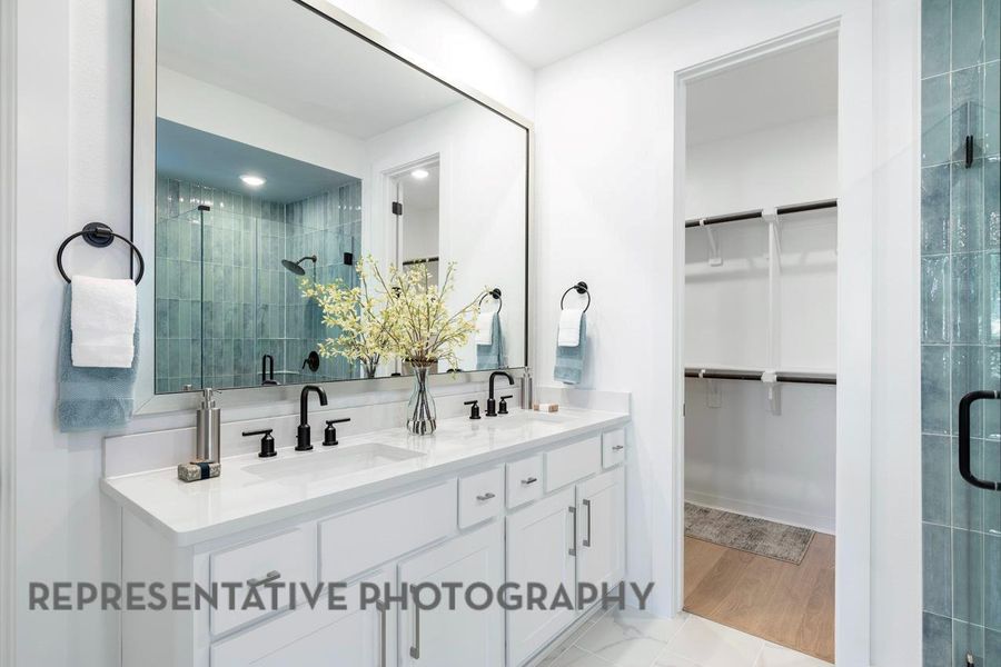 Bathroom with a stall shower, a spacious closet, and double vanity Bathroom with a stall shower, a spacious closet, and double vanity