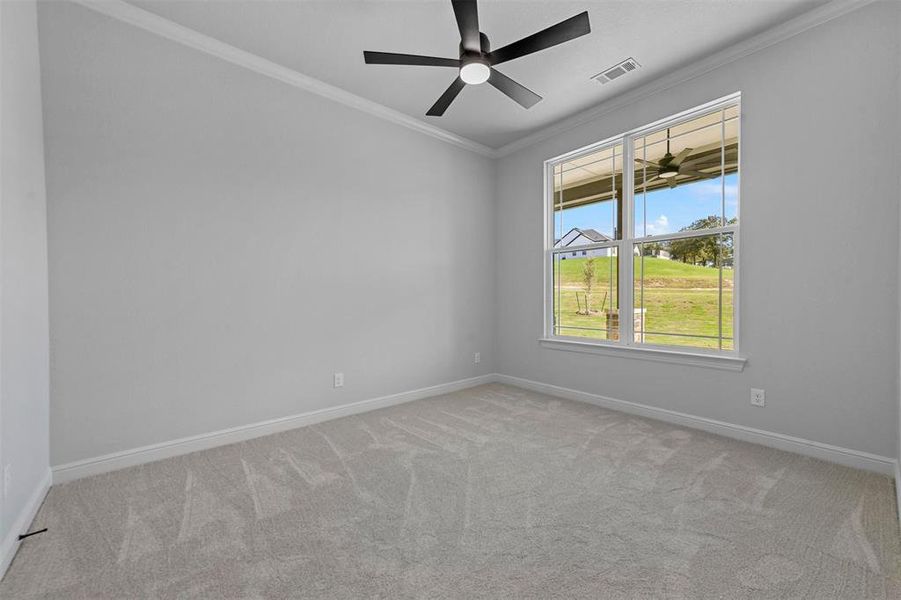 Unfurnished room with light colored carpet, ceiling fan, and crown molding