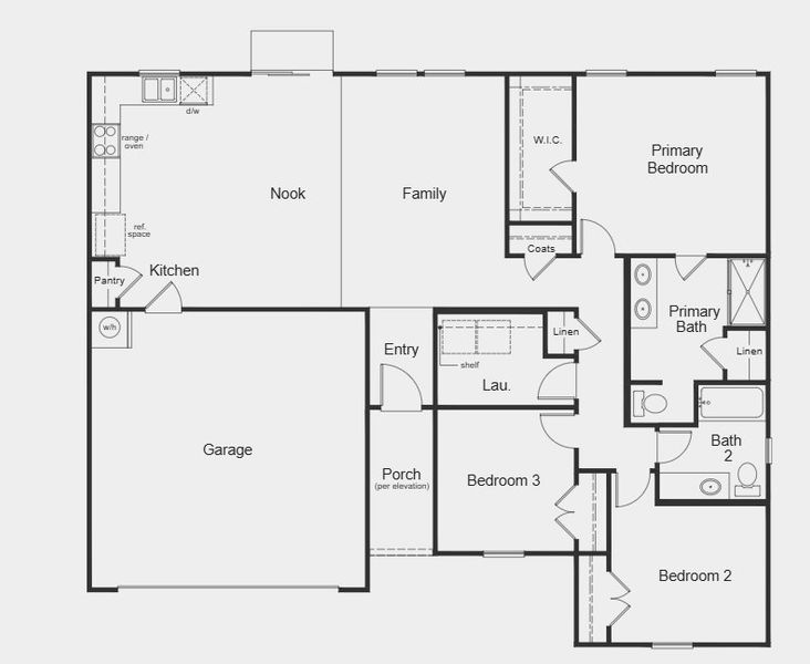 2D floor plan layout for the Plan 1446 by KB Home in Elyse Meadows, Lillington, NC (Image 4).
