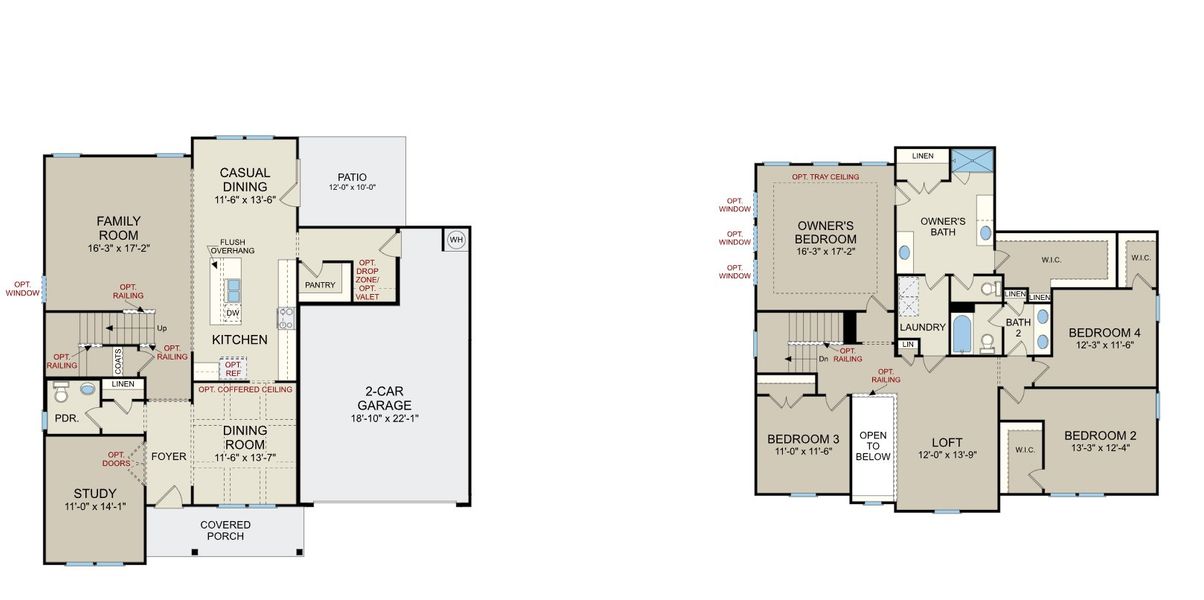 2D floor plan layout for the Dogwood - 17456 by Dream Finders Homes in Griffon Pointe, Lillington, NC (Image 3). 2D floor plan layout for the Dogwood - 17456 by Dream Finders Homes in Griffon Pointe, Lillington, NC (Image 3).