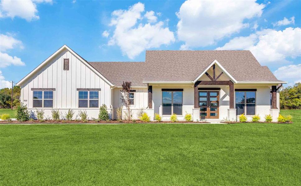 View of front facade with a front yard, a porch, board and batten siding, french doors, and roof with shingles View of front facade with a front yard, a porch, board and batten siding, french doors, and roof with shingles