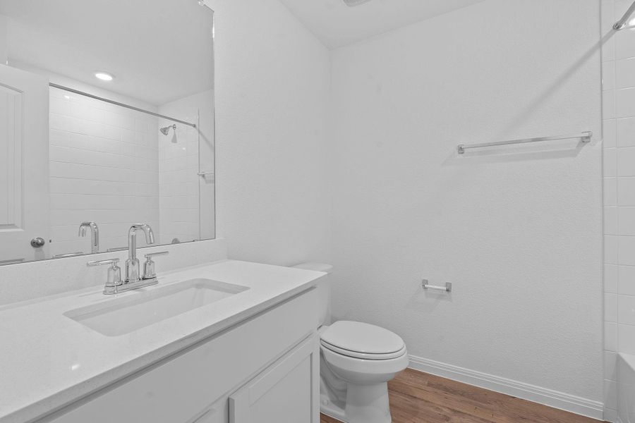 Bathroom with dark wood-type flooring and vanity Bathroom with dark wood-type flooring and vanity