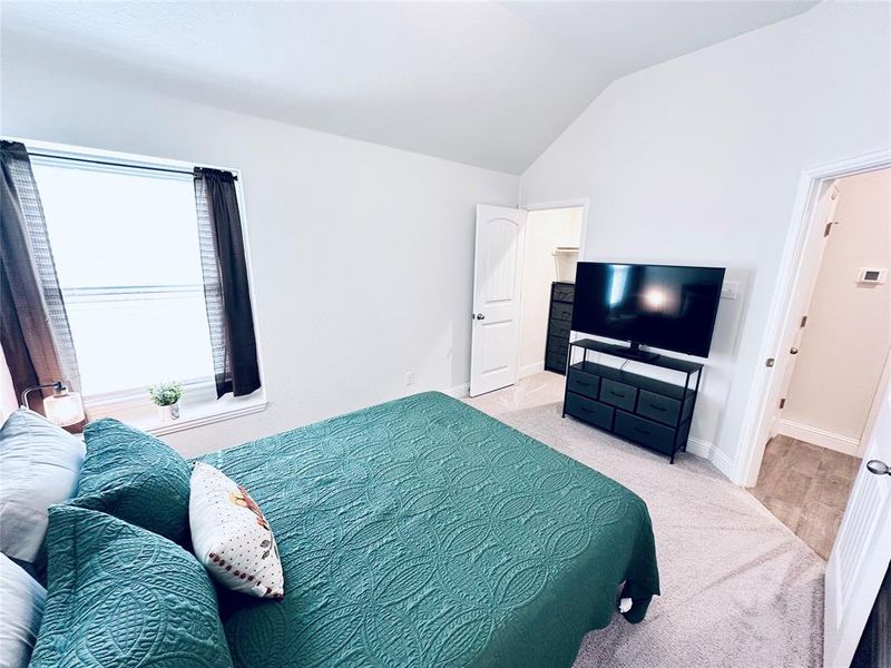 Carpeted bedroom featuring vaulted ceiling and multiple windows