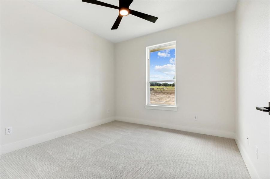 Spare room featuring carpet flooring and ceiling fan