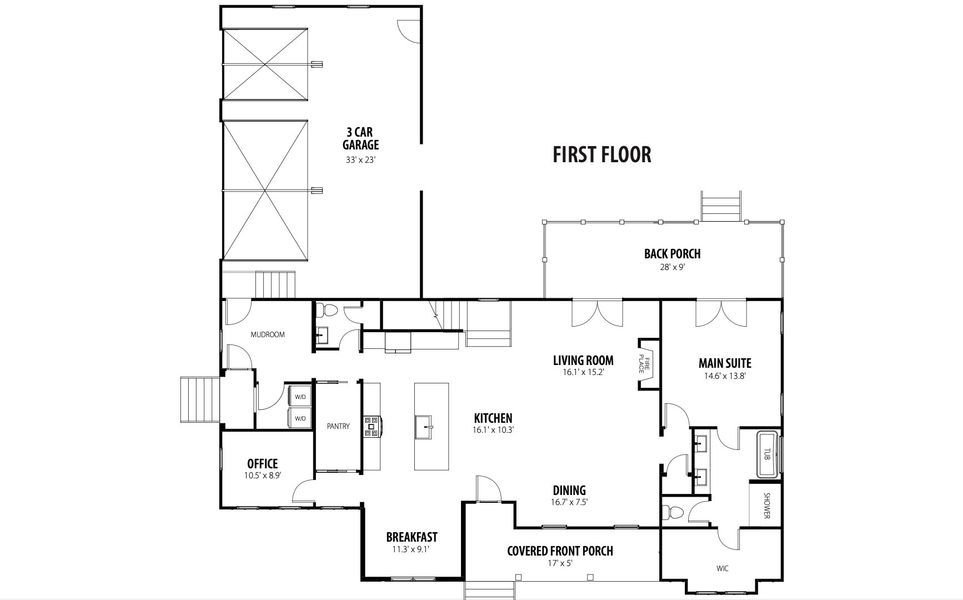 2D floor plan layout for the Willow by RiverWILD Homes in Eller Farms, Wendell, NC (Image 1). 2D floor plan layout for the Willow by RiverWILD Homes in Eller Farms, Wendell, NC (Image 1).