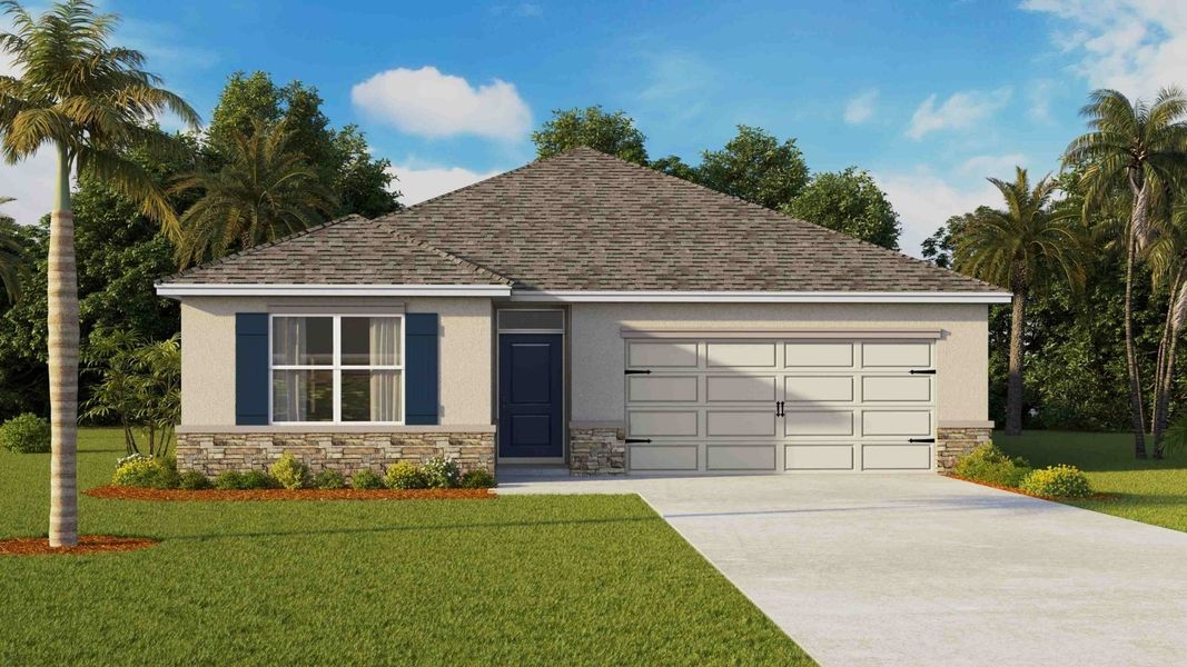 Front exterior of a new home in Farm at Varrea, Plant City, FL, highlighting curb appeal (Image 1). Front exterior of a new home in Farm at Varrea, Plant City, FL, highlighting curb appeal (Image 1).