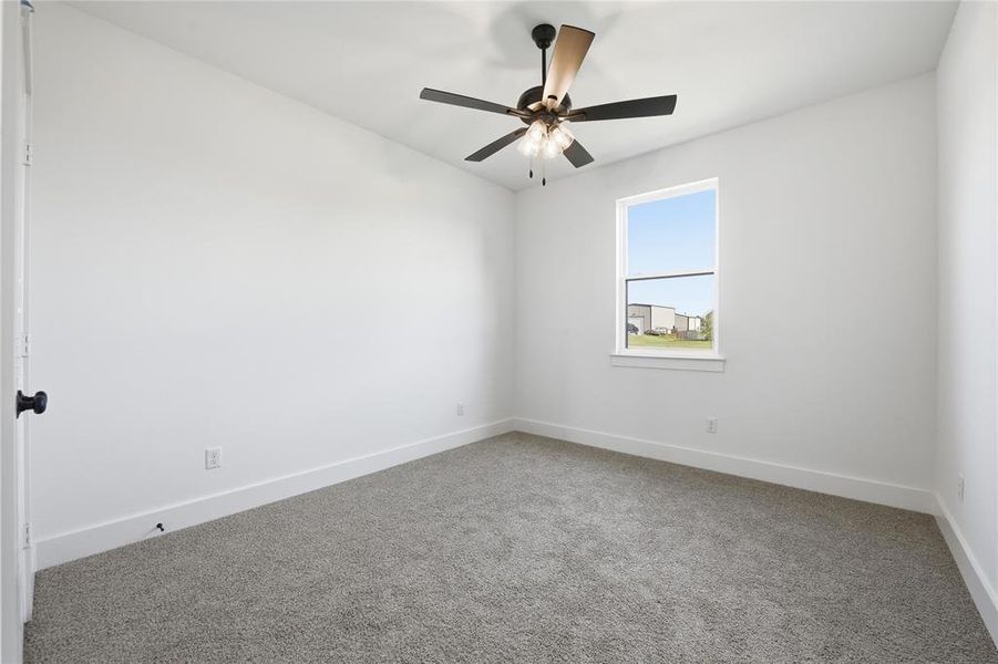 Carpeted empty room featuring baseboards and ceiling fan Carpeted empty room featuring baseboards and ceiling fan