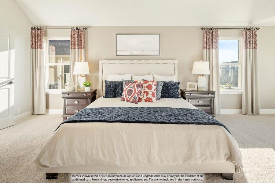 Bedroom with upholstered king bed, two nightstands, and windows with patterned curtains on each side Bedroom with upholstered king bed, two nightstands, and windows with patterned curtains on each side