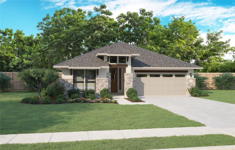 Prairie-style home with stone siding, a garage, stucco siding, roof with shingles, and concrete driveway Prairie-style home with stone siding, a garage, stucco siding, roof with shingles, and concrete driveway