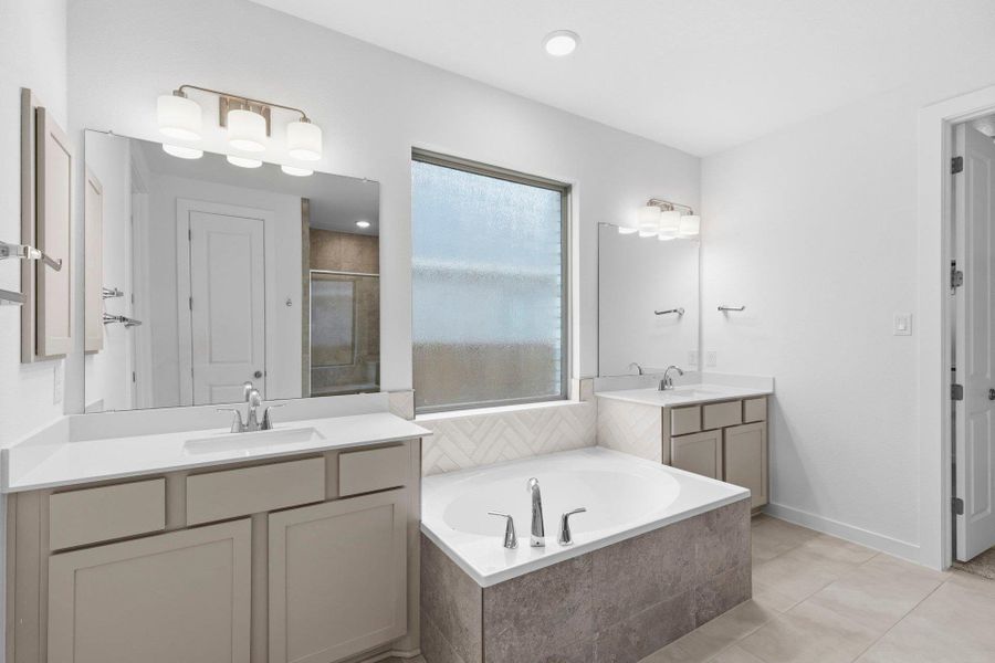 Primary Bath retreat with dual vanities & garden tub