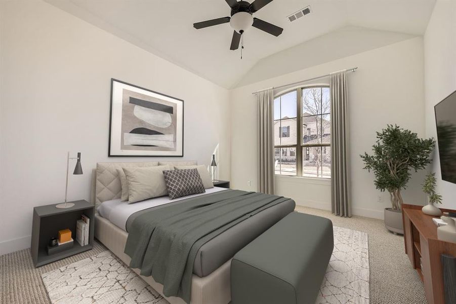 Virtually Staged Photo Bedroom with light colored carpet, lofted ceiling, and a ceiling fan