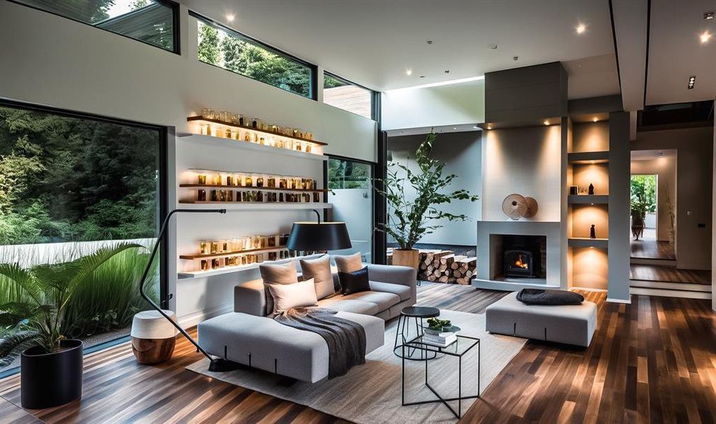 Living room featuring built in shelves, a fireplace, a high ceiling, and wood finished floors