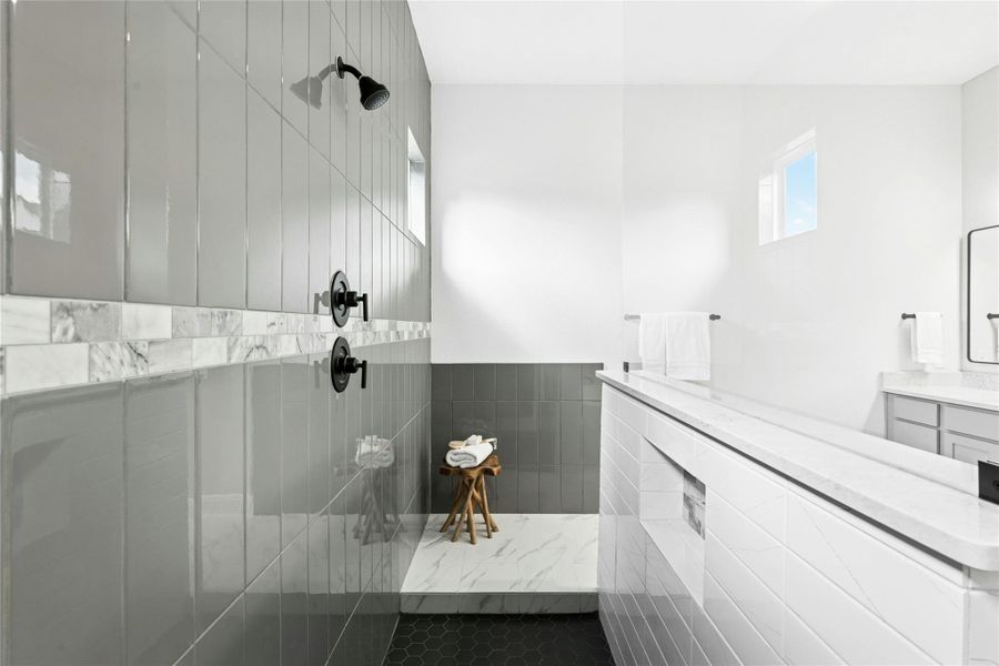 Full bath with a walk in shower and mud set floors Full bath with a walk in shower and mud set floors