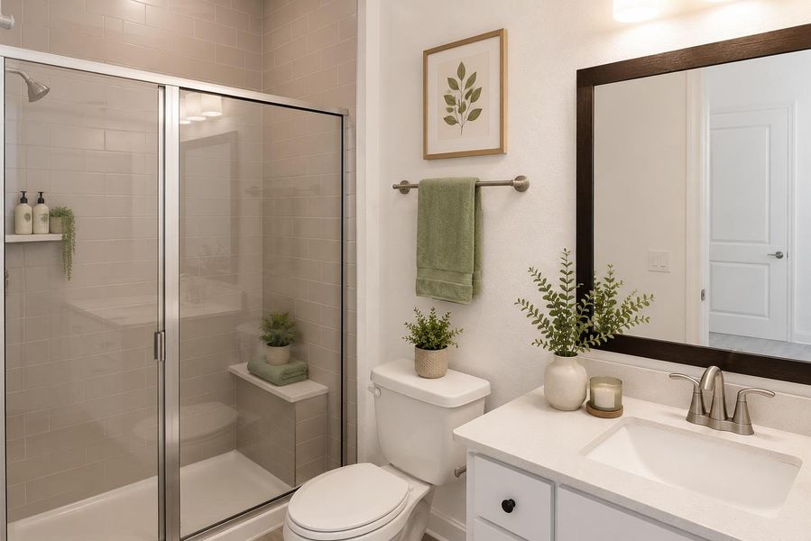 Virtually staged. A well-lit primary bathroom features a spacious glass-enclosed shower alongside a pristine vanity with ample counter space. Virtually staged. A well-lit primary bathroom features a spacious glass-enclosed shower alongside a pristine vanity with ample counter space.