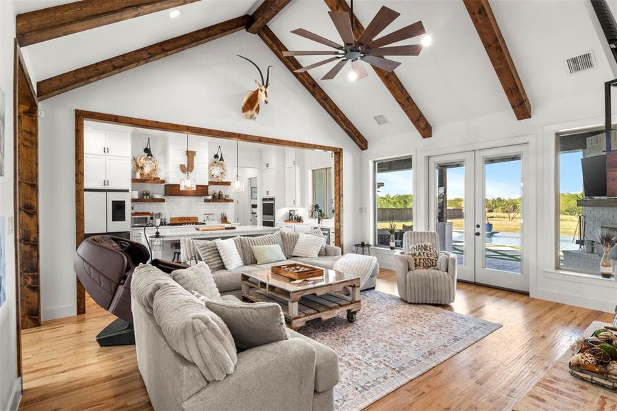 Overlooks the stunning backyard oasis.