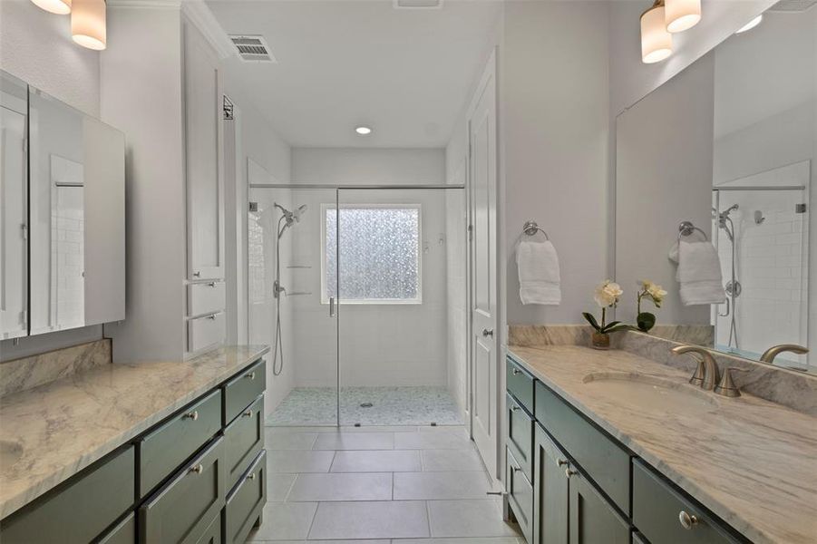 Primary Bathroom with Dual Vanities & Sinks plus Walk-In Shower