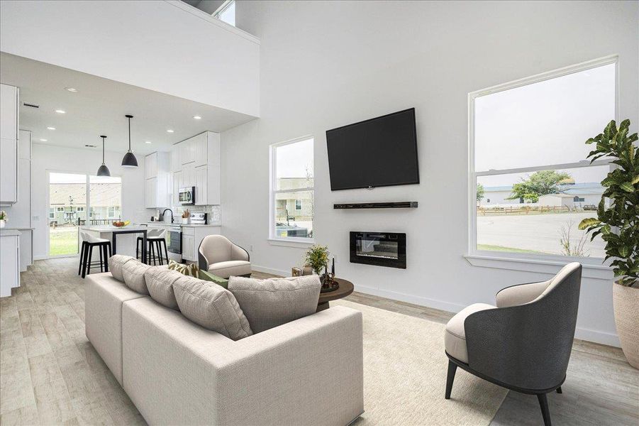 Open living area with cathedral ceilings Open living area with cathedral ceilings