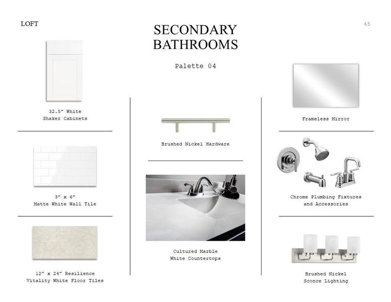 Loft Look Palette 4: Secondary Bathrooms Selection Sheet (*Artist rendering used for illustration purposes only.) Loft Look Palette 4: Secondary Bathrooms Selection Sheet (*Artist rendering used for illustration purposes only.)