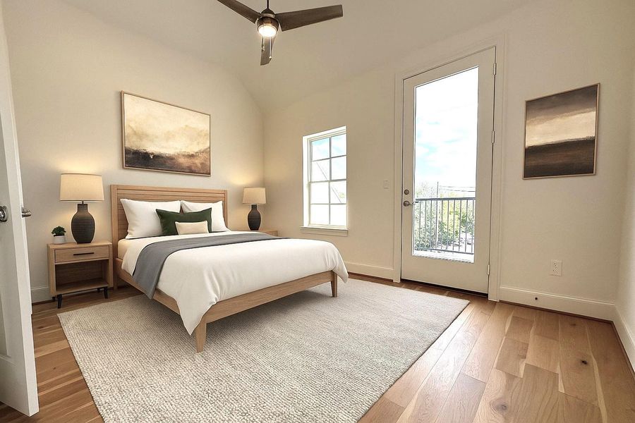 Bright primary bedroom with door to private rooftop terrace. Virtual staging added. Bright primary bedroom with door to private rooftop terrace. Virtual staging added.