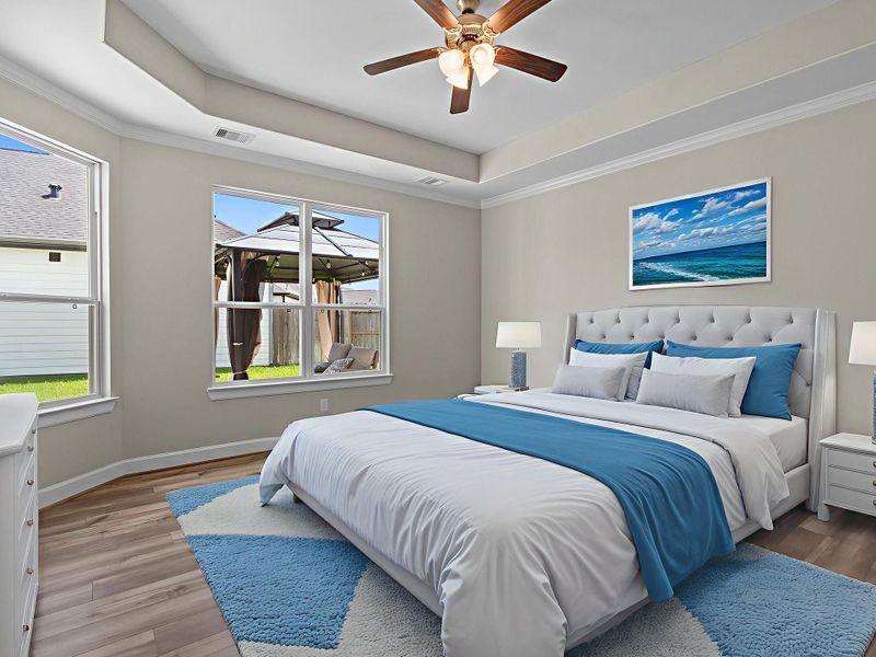 Discover the epitome of luxury and tranquility in the Portico's primary bedroom at Winfrey Estates. This elegant retreat features spacious interiors, exquisite finishes, and a serene ambiance, providing the perfect sanctuary for rest and relaxation. Image depicts home as-is virtually staged.