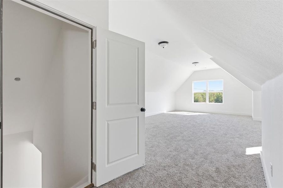 Additional living space with light carpet, vaulted ceiling, and a textured ceiling Additional living space with light carpet, vaulted ceiling, and a textured ceiling
