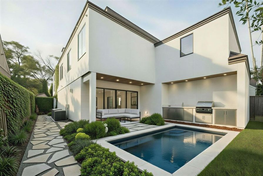 Rendering: Backyard with pool, summer kitchen and patio.(Pool is optional and not included in base price)