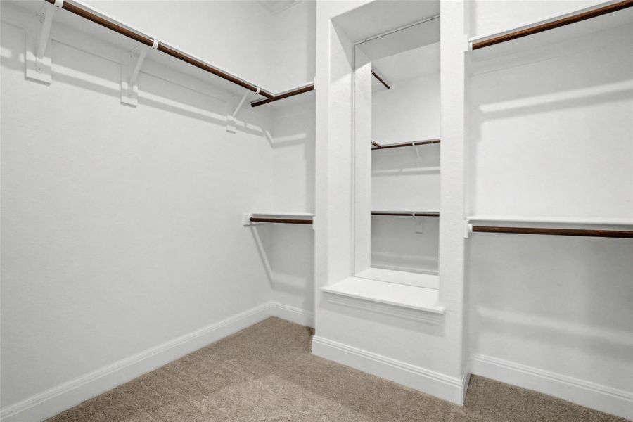Walk in closet with light colored carpet