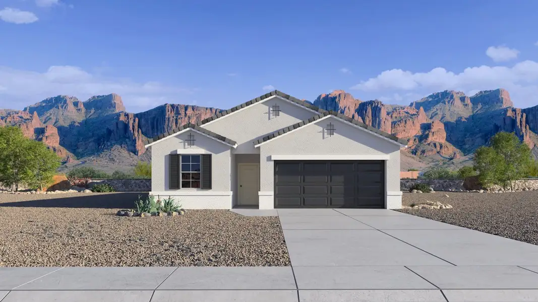 Front exterior of a new home in Copper Falls, Buckeye, AZ, highlighting curb appeal (Image 1). Front exterior of a new home in Copper Falls, Buckeye, AZ, highlighting curb appeal (Image 1).