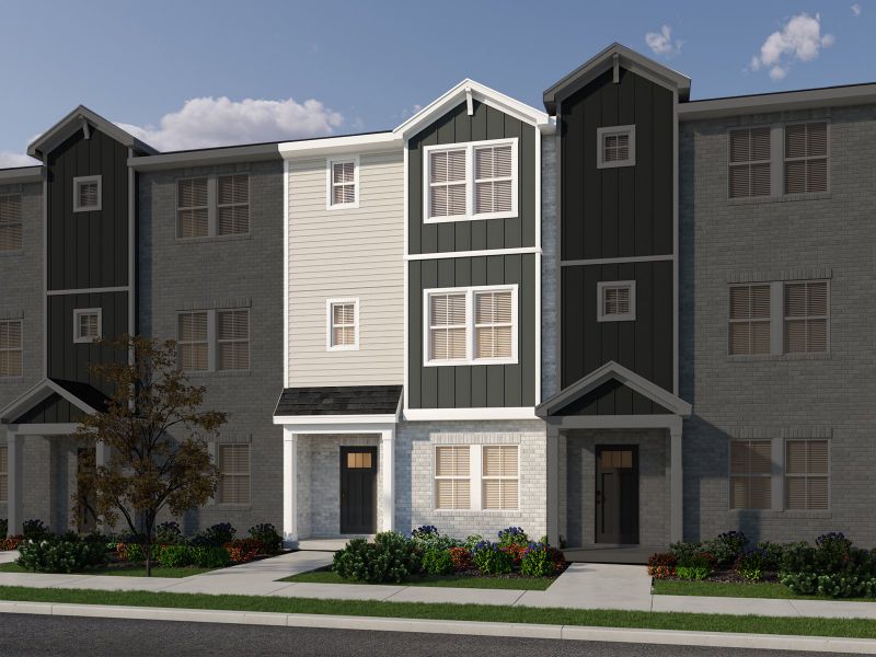 Front exterior of a new home in Greystone - Highland Townhomes, Smyrna, TN, highlighting curb appeal (Image 1).