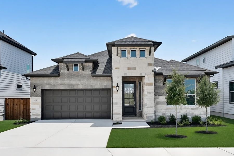 Front exterior of a new home in Silverleaf, Cedar Creek, TX, highlighting curb appeal (Image 2). Front exterior of a new home in Silverleaf, Cedar Creek, TX, highlighting curb appeal (Image 2).