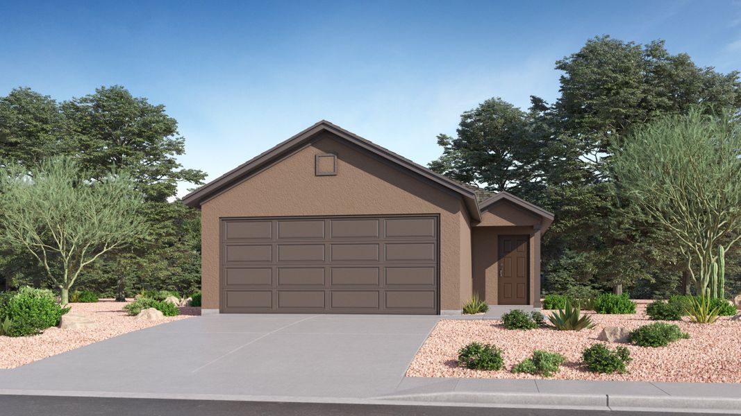 Front exterior of a new home in Red Rock Village: Belmar Collection, Red Rock, AZ, highlighting curb appeal (Image 1).