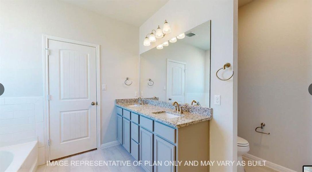 Full bathroom with a tub to relax in, visible vents, toilet, and a sink Full bathroom with a tub to relax in, visible vents, toilet, and a sink