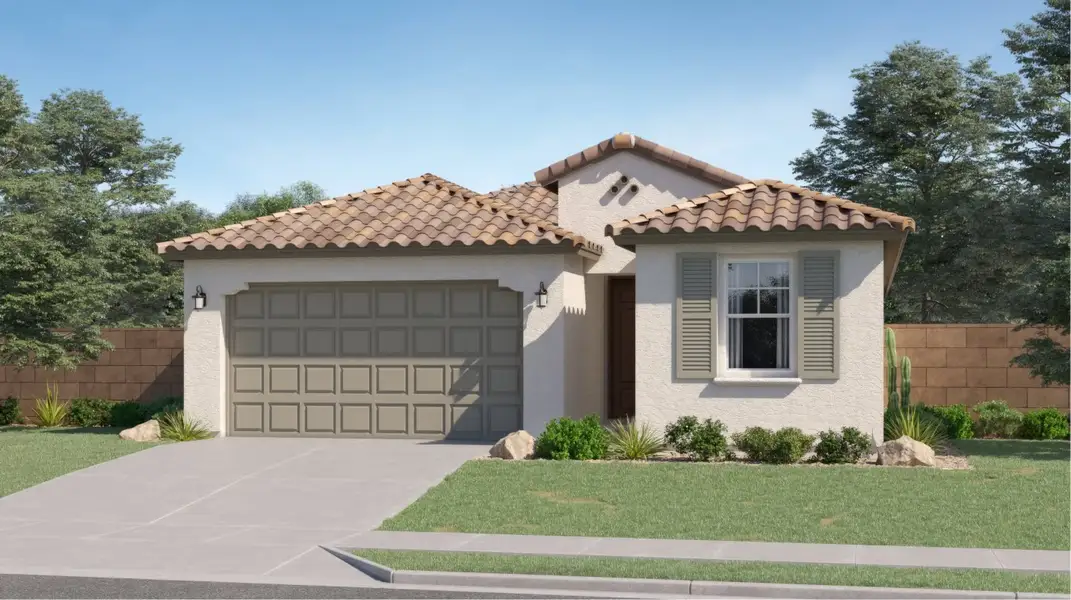 Front exterior of a new home in Asante Artisan, Surprise, AZ, highlighting curb appeal (Image 1). Front exterior of a new home in Asante Artisan, Surprise, AZ, highlighting curb appeal (Image 1).