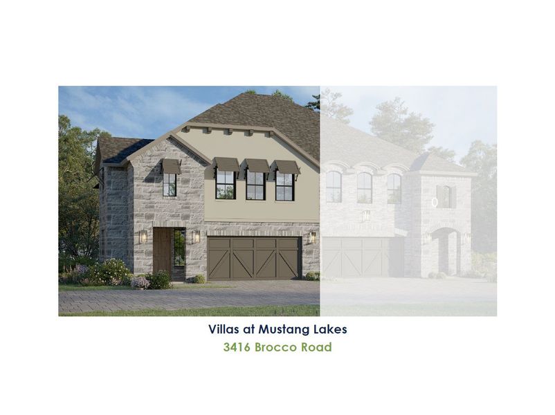 Exterior rendering of this home design in Villas at Mustang Lakes, Celina, TX (Image 1). Exterior rendering of this home design in Villas at Mustang Lakes, Celina, TX (Image 1).