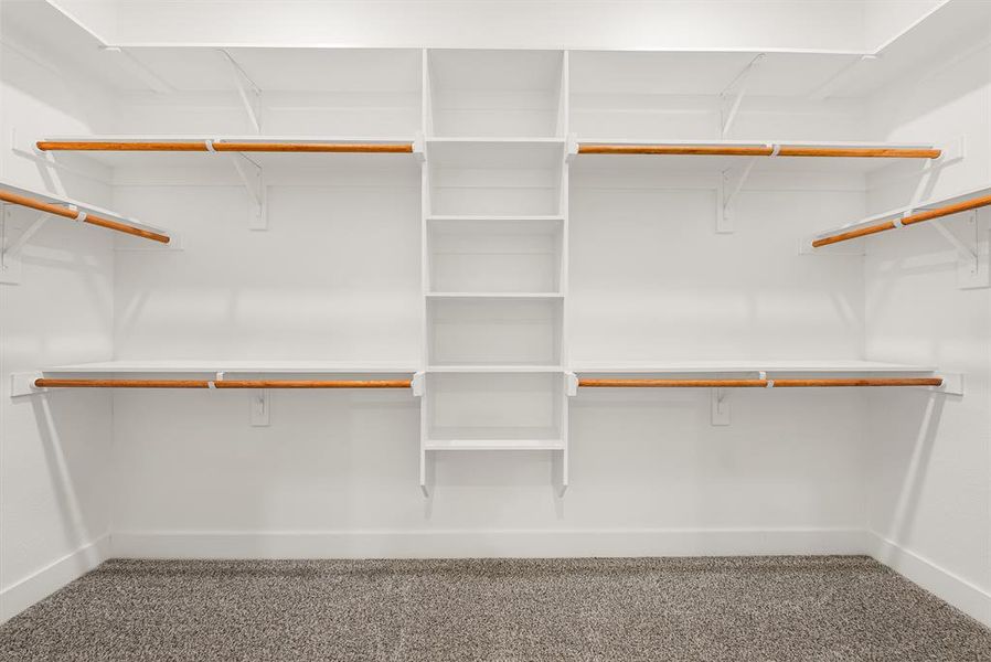 Primary Bedroom Walk in closet with carpet floors Primary Bedroom Walk in closet with carpet floors