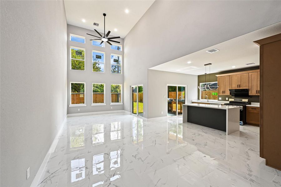 Stunning entrance and living room area featuring impressive high ceilings.