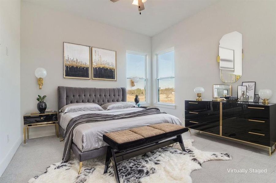 Carpeted bedroom with ceiling fan